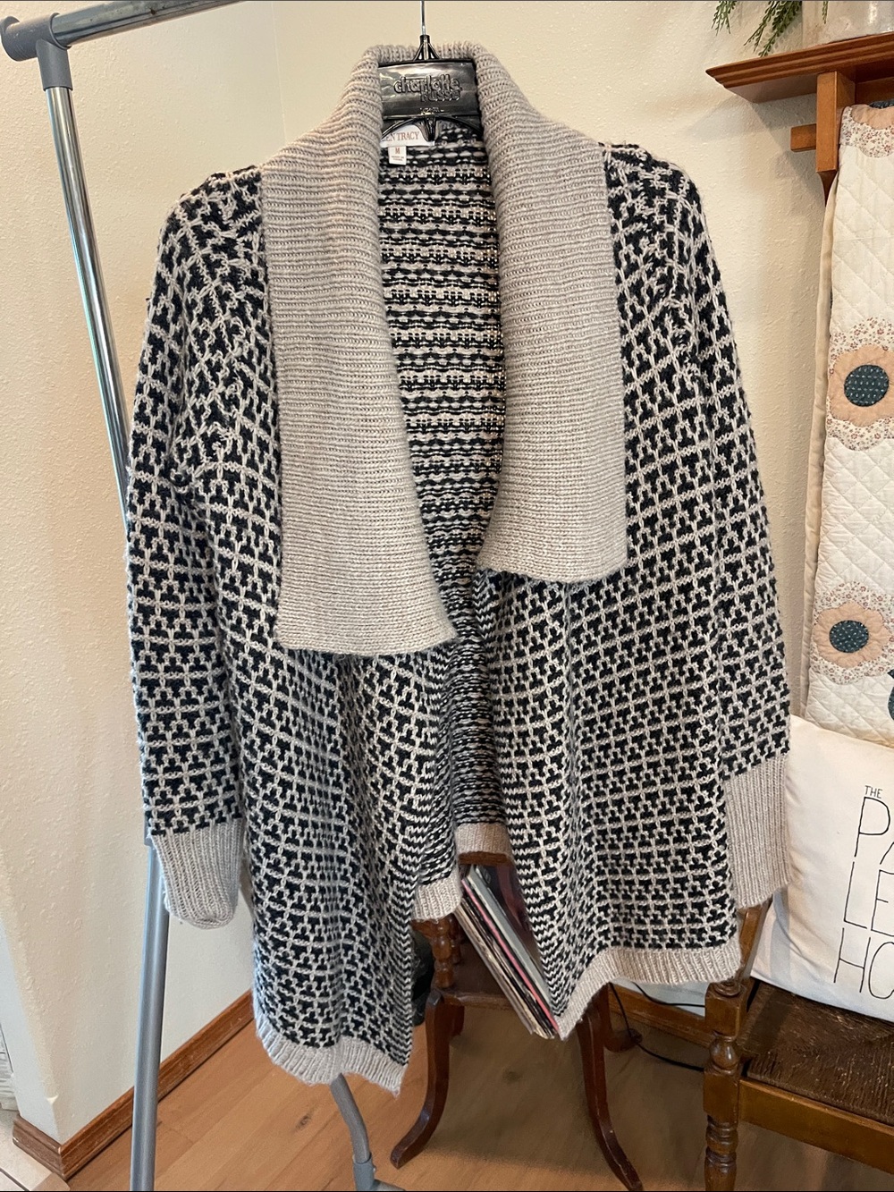 Wool Blend Oversized Shawl Collar Cardigan Sweater - Black & Cream